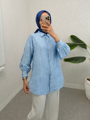 Modamorfo Yırtmaçlı Eteği Oval Kesim Gömlek -Bebe Mavi