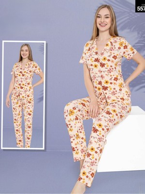 Moda Morfo Büyük Çiçekli Düğmeli Kısa Kollu Pijama Takımı -Somon