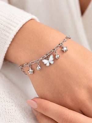 Laria Kadın Gümüş Renk Sallantılı Papatya ve Yıldızlı Bileklik - Ayarlanabilir Zincir