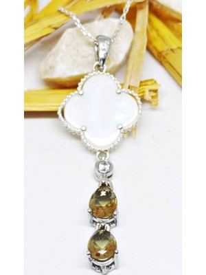 Lilahgümüştr Gümüş Yonca Beyaz ve Damla Zultanit Taşlı Kolye