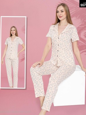 Moda Morfo Düğmeli Çiçekli V Yaka Pamuklu Kısa Kollu Pijama Takımı -Yavruağzı