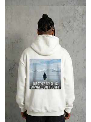 Beruflic Siyah Oversize Hoodie  Sırt Baskılı Survivor Penguin Temalı, Felsefi Yazılı Kapüşonlu Sweatshirt