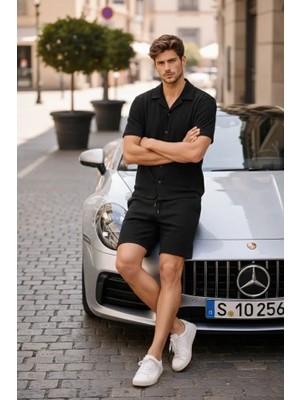 Beruflic Erkek Waffle Kumaş Kısa Kollu Gömlek Şort Takım Regular Fit Yazlık Ikili Set