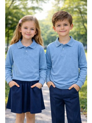 Metrey Erkek Veya Kız Polo Yaka Okul %100 Pamuk Penye Uzun Kol Tshirt