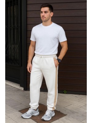 Beruflic Erkek Üç Iplik Kışlık Pamuklu Yandan Garneli Kalın Bej Şeritli Cepli Eşofman Altı