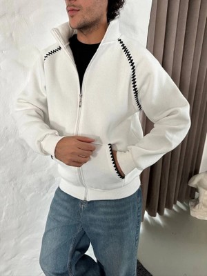 Beruflic Erkek Oversize Dik Yaka Fermuarlı Sweatshirt  Zincir Nakışli Kanguru Cepli