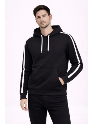 Beruflic Erkek Şeritli Kapüşonlu Sweatshirt Oversize 3 Iplik Pamuklu