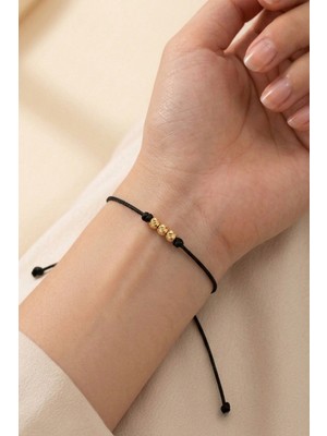 BymissMücevherat 3'lü Dorika Şans & Sevgili Bilekliği 925 Ayar Gümüş Gold/siyah Ipli