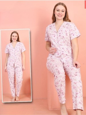 Moda Morfo V Yaka Kısa Kollu Çiçek Desenli Pijama Takımı -Lila