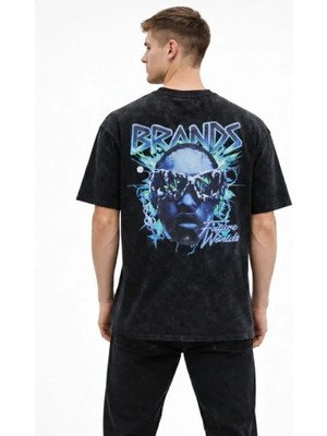 Beruflic Erkek Asit Yıkamalı Oversize Tişört Future Worlds Baskılı Bisiklet Yaka Kısa Kollu Streetwear %100 Pamuk Street Style Tshirt