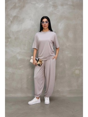Beruflic Osy Modal Yumuşak Dokulu Kumaş Oversize Bisiklet Yaka Tshirt Jogger Eşofman Altı Eşofman Takımı
