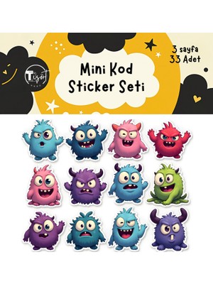 Tişört Kodu Mini Kod Sticker Seti – 33 Adet Sevimli Canavar Defter Stickerı (3 Sayfa)