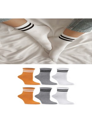 Ozzy Socks 6 Çift Çizgili Kolej Çorabı Sarı Gri Beyaz Pamuklu Tenis Çorap Seti
