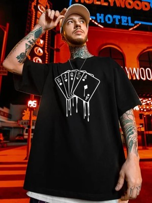 Beruflic Erkek Büyük Beden Kart Baskılı Düz Renk Kısa Kollu Bisiklet Yaka Tişört Gündelik Giyim