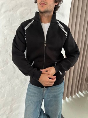 Beruflic Erkek Oversize Dik Yaka Fermuarlı Sweatshirt  Zincir Nakışli Kanguru Cepli