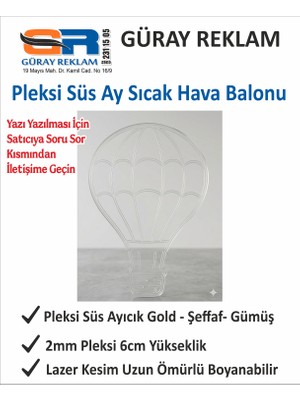 Güray Reklam Pleksi Sıcak Hava Balonu Süs - 6 cm 10 Adet Lazer Kesim Dekoratif Figür (Gold, Gümüş, Şeffaf Seçenekli)