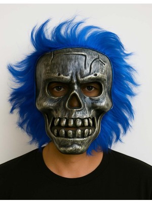 Nemere Wild Skull - Gümüş Kafatası Mavi Saçlı Iskelet Maske (4887)