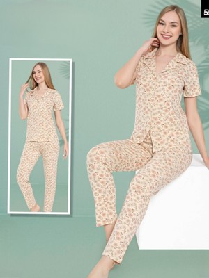 Moda Morfo Gül Desenli Düğmeli Pijama Takımı -Somon