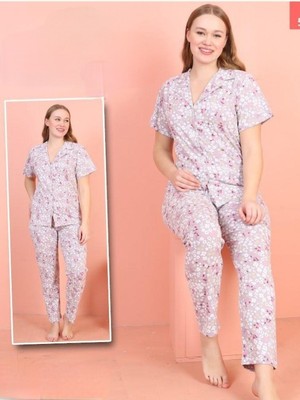 Moda Morfo Çiçek Desenli V Yaka Düğmeli Pijama Takımı -Açık Lila