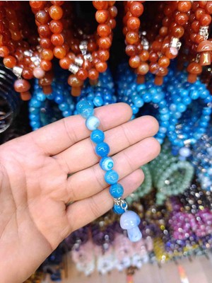 Mga Doğaltaş Mavi Akik Taşı Bileklik 10MM Mantar Sallamalı Model | Esnek Misinalı | Sertifikalı Gerçek Doğal Taş | Kutulu Unisex Bileklik