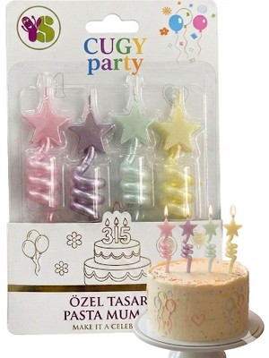 Cugy Parti Malzemeleri 4’lü Makaron Yıldız Kıvrımlı Pasta Mumum . Pastel Tonlar