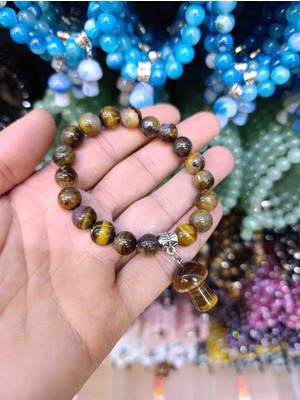 Mga Doğaltaş Kaplan Gözü Doğal Taş Bileklik 10MM Mantar Sallamalı Model | Esnek Misinalı | Sertifikalı Gerçek Tiger Eye Taşı | Kutulu Unisex Bileklik