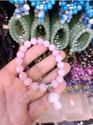 Mga Doğaltaş Pembe Kuvars Doğal Taş Bileklik 10MM Mantar Sallamalı Model | Esnek Misinalı | Sertifikalı Gerçek Rose Quartz | Kutulu Unisex Bileklik