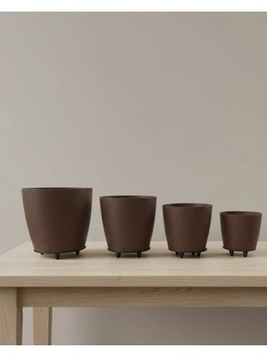 4’lü 3D Kahve Tonlu Ayaklı Saksı Seti Modern Dekoratif Vazo Takımı Midastech