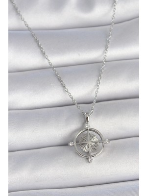 Inure Jewelry 316L Çelik Gümüş Renk Zincir Zirkon Taşlı Pusula Model Kadın Kolye