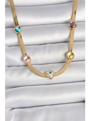 Inure Jewelry 316L Çelik Gold Renk İtalyan Zincir Renkli Zirkon Taşlı Kalp Figür Kadın Kolye
