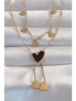Inure Jewelry 316L Çelik Gold Renk Mineli Çoklu Kalp Kolye