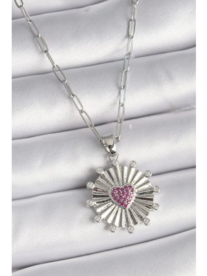Inure Jewelry 316L Çelik Gümüş Renk Pembe Zirkon Taşlı Kalp İşleme Madalyon Model Kadın Kolye