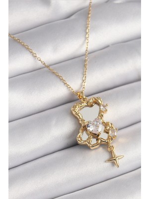 Inure Jewelry 316L Çelik Gold Renk Zincir Ayna Ayıcık Model Zirkon Taşlı Kalp Model Kadın Kolye