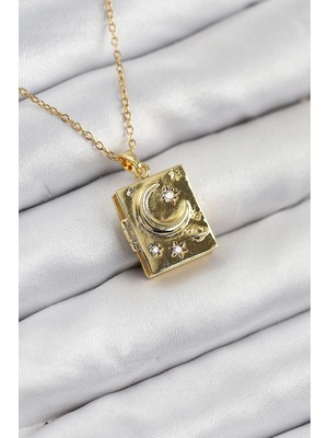 Inure Jewelry 316L Çelik Zirkon Taşlı Açılabilr Kapaklı Kitap Model Gold Renk Kadın Kolye