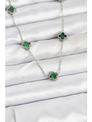 Inure Jewelry 316L Çelik Zincir Gümüş Renk Yeşil Baby Boy Yonca Kadın Kolye