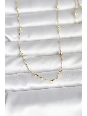 Inure Jewelry CM 14K Gold Renk Kesme Çubuk Zincir Topçuklu Model 60 cm Kadın Kolye