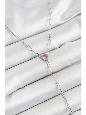 Inure Jewelry Pirinç Zirkon Taşlı Pembe Kalp Figürlü Y Model Gümüş Renk Kadın Kolye