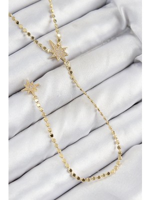 Inure Jewelry Pirinç Zirkon Taşlı Ezme Zincirli Kutup Yıldızı Model Gold Renk Y Kolye