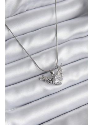 Inure Jewelry 316L Çelik Gümüş Renk Zirkon Taşlı Boynuz Model Kadın Kolye