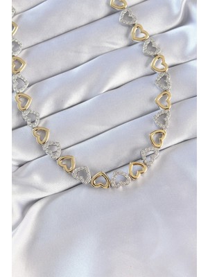 Inure Jewelry Vip Seri Pirinç Çift Renk Zirkon Taşlı İçi Boş Kalp Tasarımlı Kolye