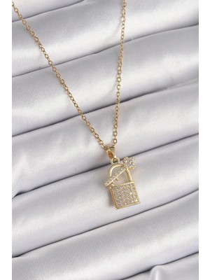Inure Jewelry 316L Çelik Gold Renk Zincir Zirkon Taşlı Asma Kilit Anahtar Model Kadın Kolye