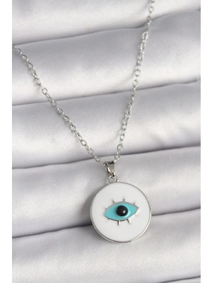 Inure Jewelry 316L Çelik Gümüş Renk Zincir Beyaz Mineli Turkuaz Göz İşleme Model Kadın Kolye