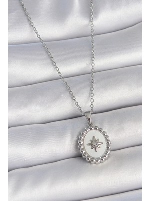 Inure Jewelry 316L Çelik Gümüş Renk Zincir Beyaz Mineli Kutup Yıldız İşlemeli Madalyon Model Kadın Kolye