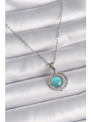 Inure Jewelry 316L Çelik Gümüş Renk Mavi Sedefli Hilal Model Kadın Kolye