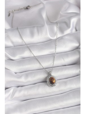 Inure Jewelry 316L Çelik Gümüş Renk Zincir Kehribar Boncuk Model Kadın Kolye