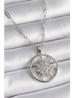 Inure Jewelry 316L Çelik Gümüş Renk Zirkon Taşlı Güneş Madalyon Model Kadın Kolye
