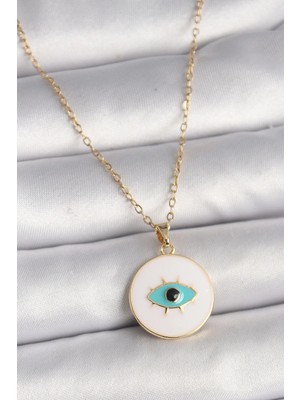 Inure Jewelry 316L Çelik Gold Renk Zincir Beyaz Mineli Turkuaz Göz İşleme Model Kadın Kolye