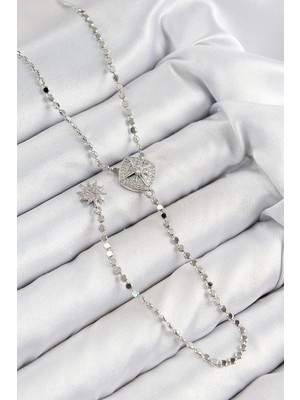 Inure Jewelry Pirinç Zirkon Taşlı Ezme Zincirli Madalyon Model Gümüş Renk Y Kolye