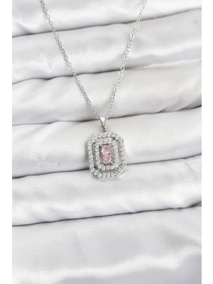 Inure Jewelry 316L Çelik Zincir Gümüş Renk Plaka Model Zirkon Taşlı Kadın Kolye