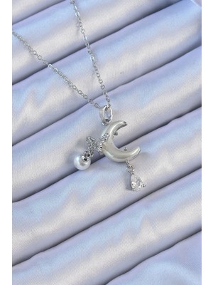 Inure Jewelry 316L Çelik Zincir Gümüş Renk Zirkon Taşlı Kelebekli Mineli Ay Kolye